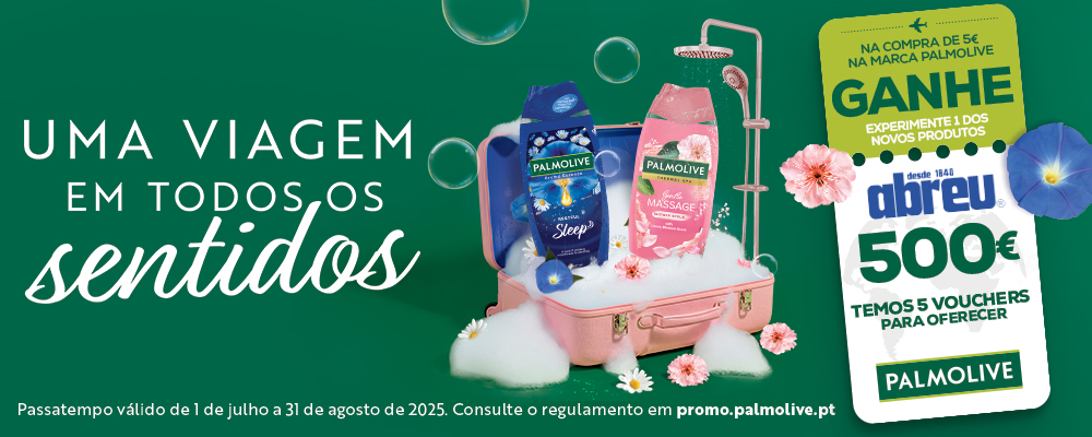 Ganhe 5 vouchers Abreu de 500€ na compra de 5€ em produtos Palmolive, sendo um deles um dos novos produtos